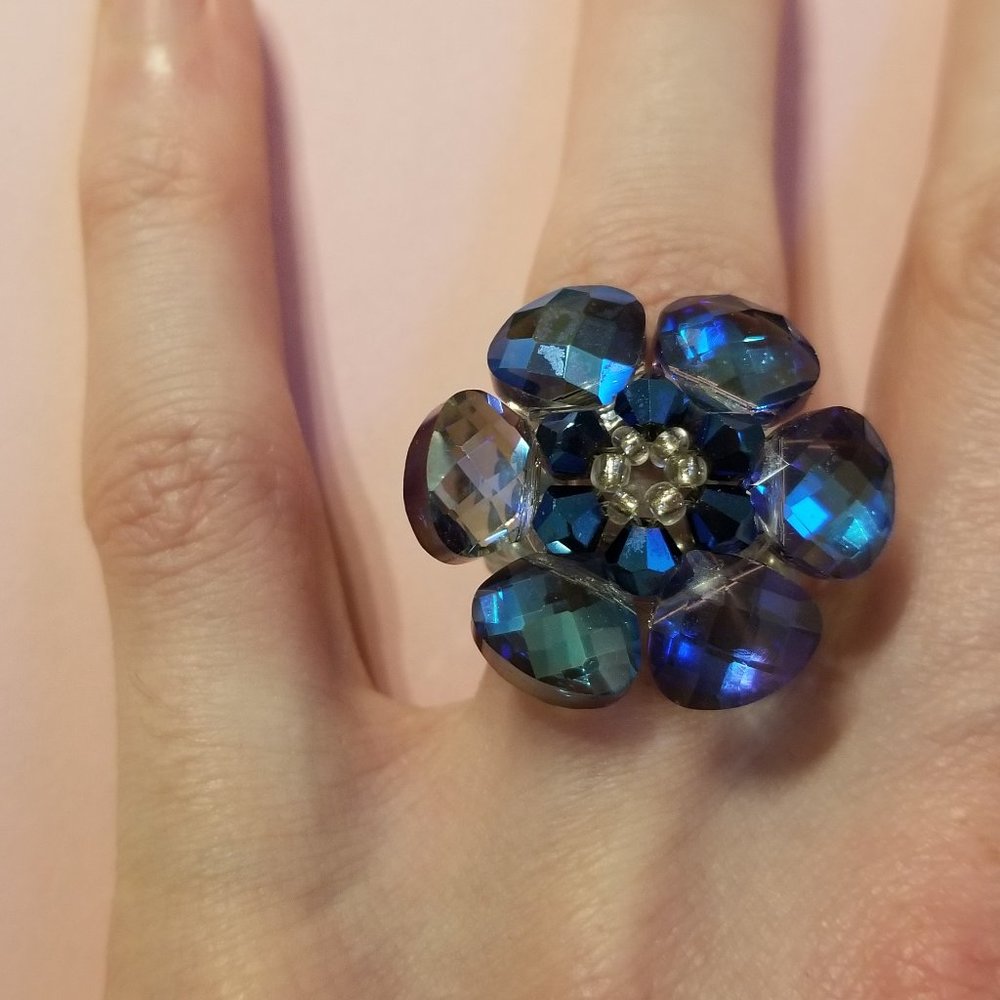 Boho Hippy Beaded  Blue Crystal Flower Ring – Size 7